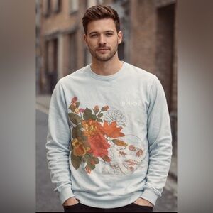 Blind Rooster crew neck sweater with flowers and skull design